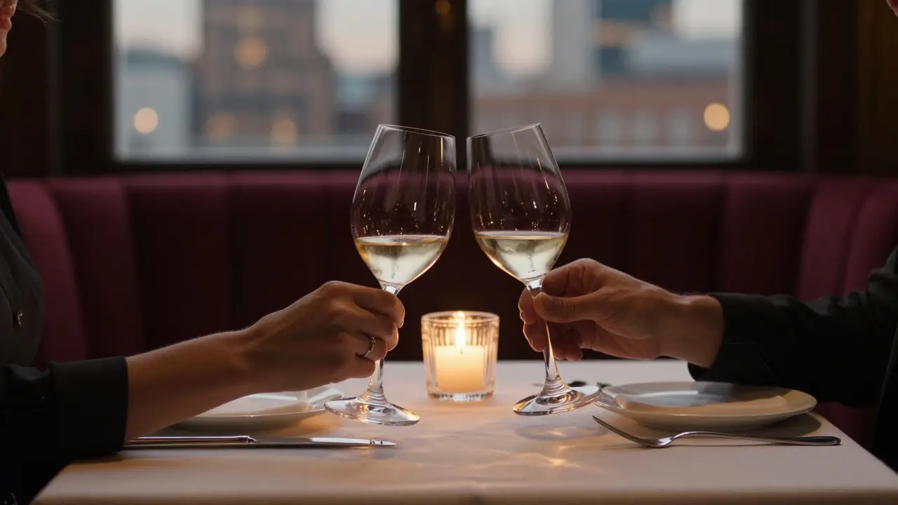Hands clinking wine glasses at an elegant dinner table with soft candlelight.