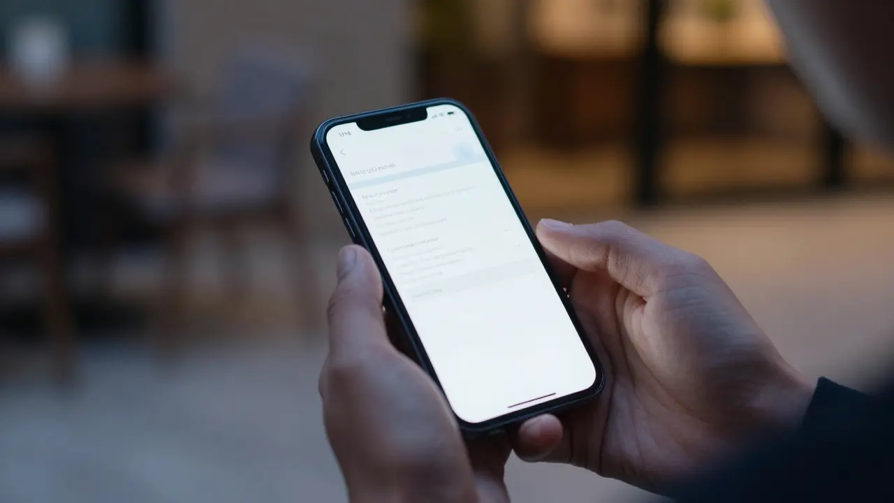 Hands holding a smartphone showing a confirmation email, blurred background suggesting privacy.