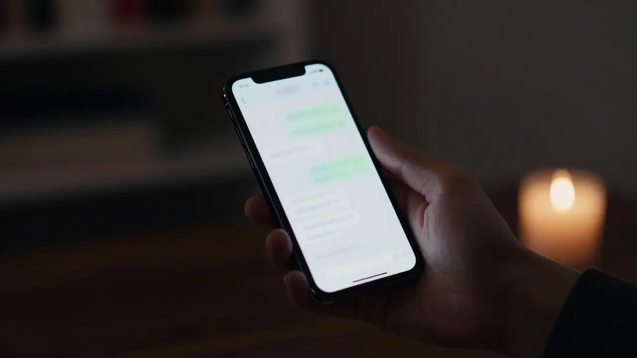 Hands holding a smartphone with a blurred encrypted messaging app visible.