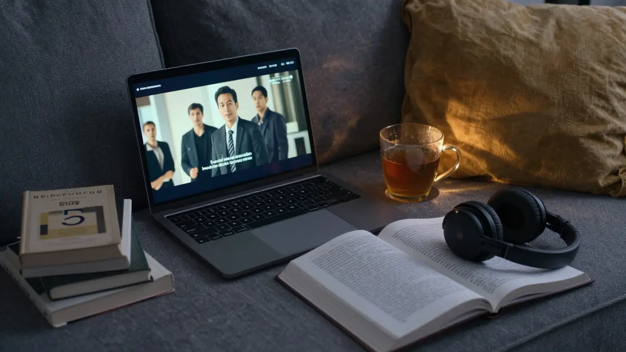 Laptop playing a foreign TV show with subtitles, tea and book nearby in a cozy room.