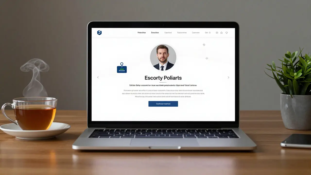 Laptop screen showing a professional escort profile with verified badge.