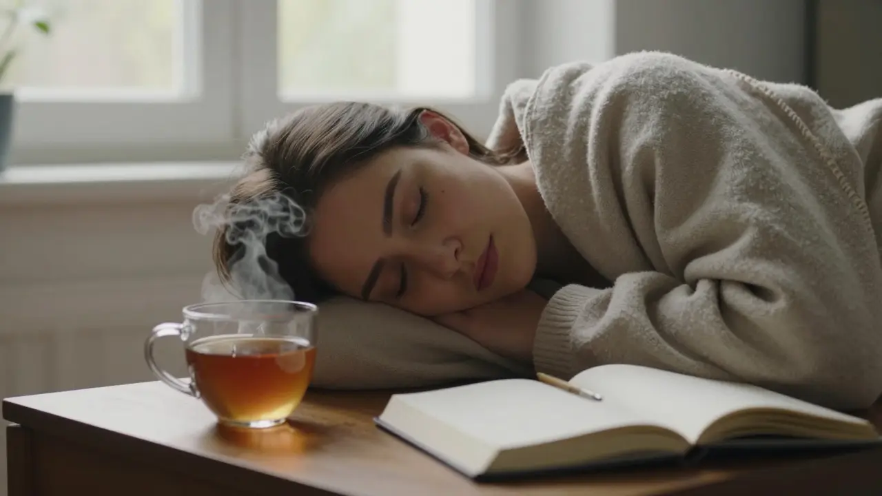 Person resting after massage, wrapped in a blanket with tea and journal nearby in quiet reflection.