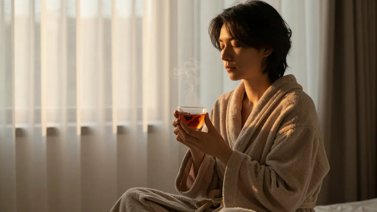 Person wrapped in robe, sipping tea in quiet dusk light after a massage session.