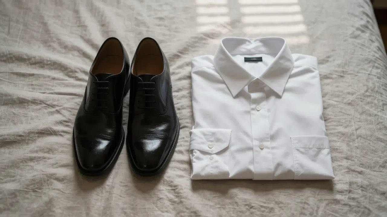 Polished dress shoes and a crisp shirt neatly arranged on a bed, symbolizing thoughtful preparation.