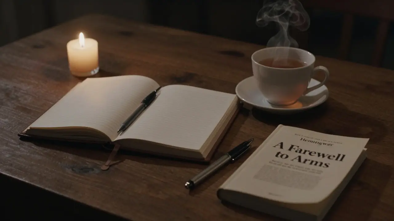 Quiet desk at twilight with notebook, tea, candle, and classic literature nearby.