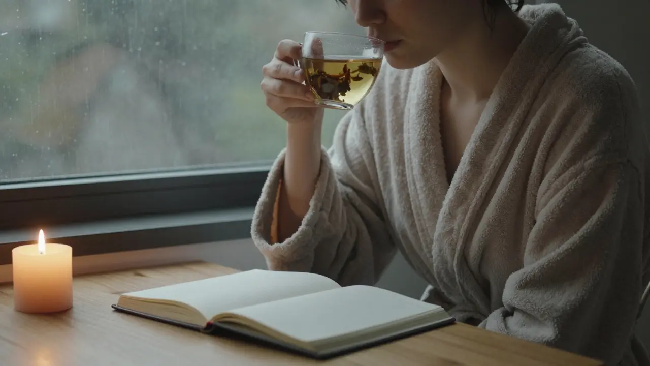 Someone relaxed in a robe, drinking tea after a session, candlelight and rain outside.
