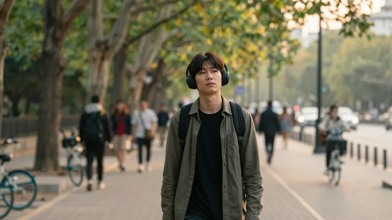 Someone walking in a park, headphones on, peacefully absorbing a foreign language.