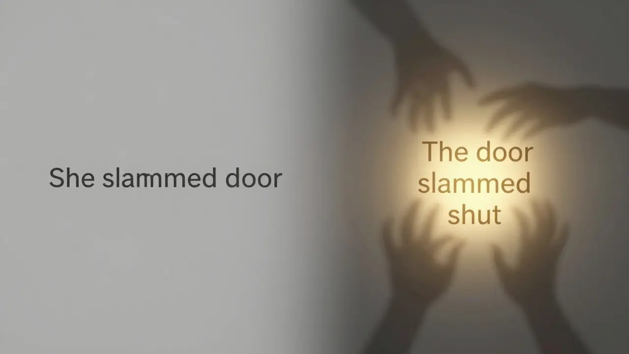 Split image: flat active sentence vs glowing passive version with shadowy atmosphere.