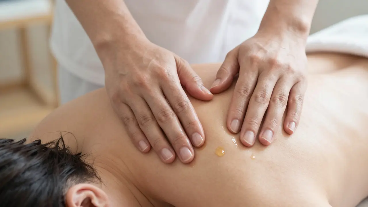 Therapist&#039;s hands applying gentle pressure to a shoulder with oil glistening.