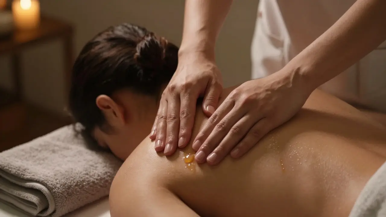 Therapist&#039;s hands gently working on a client&#039;s shoulder with warm oil and soft lighting.