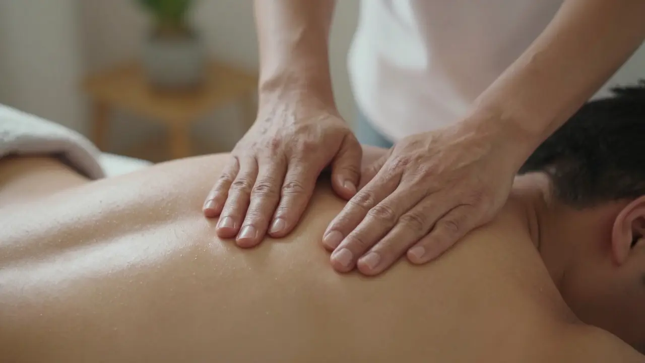 Therapist's hands gently working on a shoulder with oil, conveying quiet, focused healing touch.