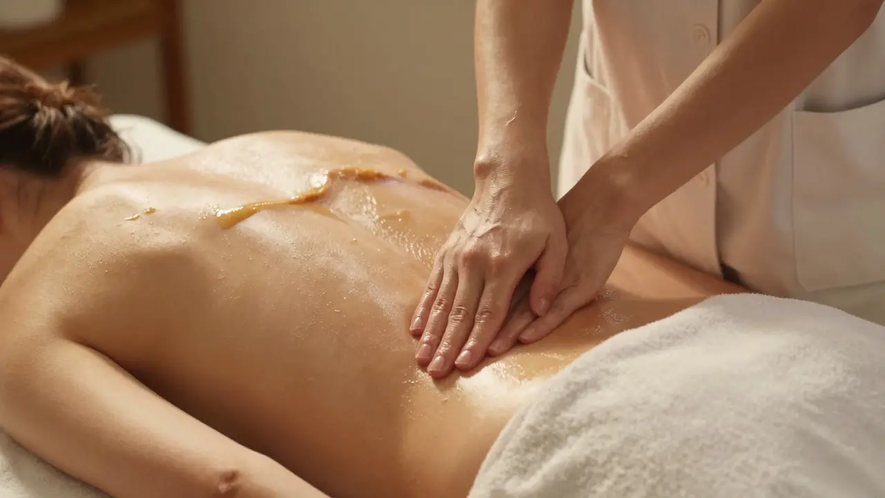 Therapist using forearm in smooth motion over a draped client's back during a body-to-body massage.