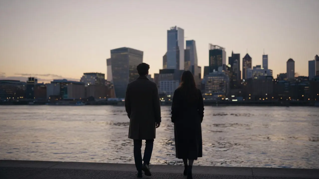 Two figures walking peacefully along the Thames at dusk, silhouetted against the city lights.