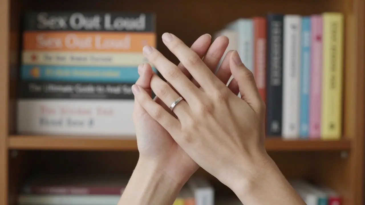 Two hands holding each other with simple rings, against a bookshelf of sex education titles, representing trust and learning.