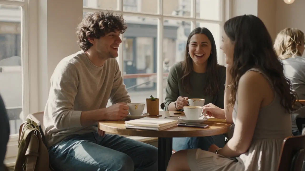 Two people laughing over tea at a cozy Hackney café, enjoying a casual companionship moment.