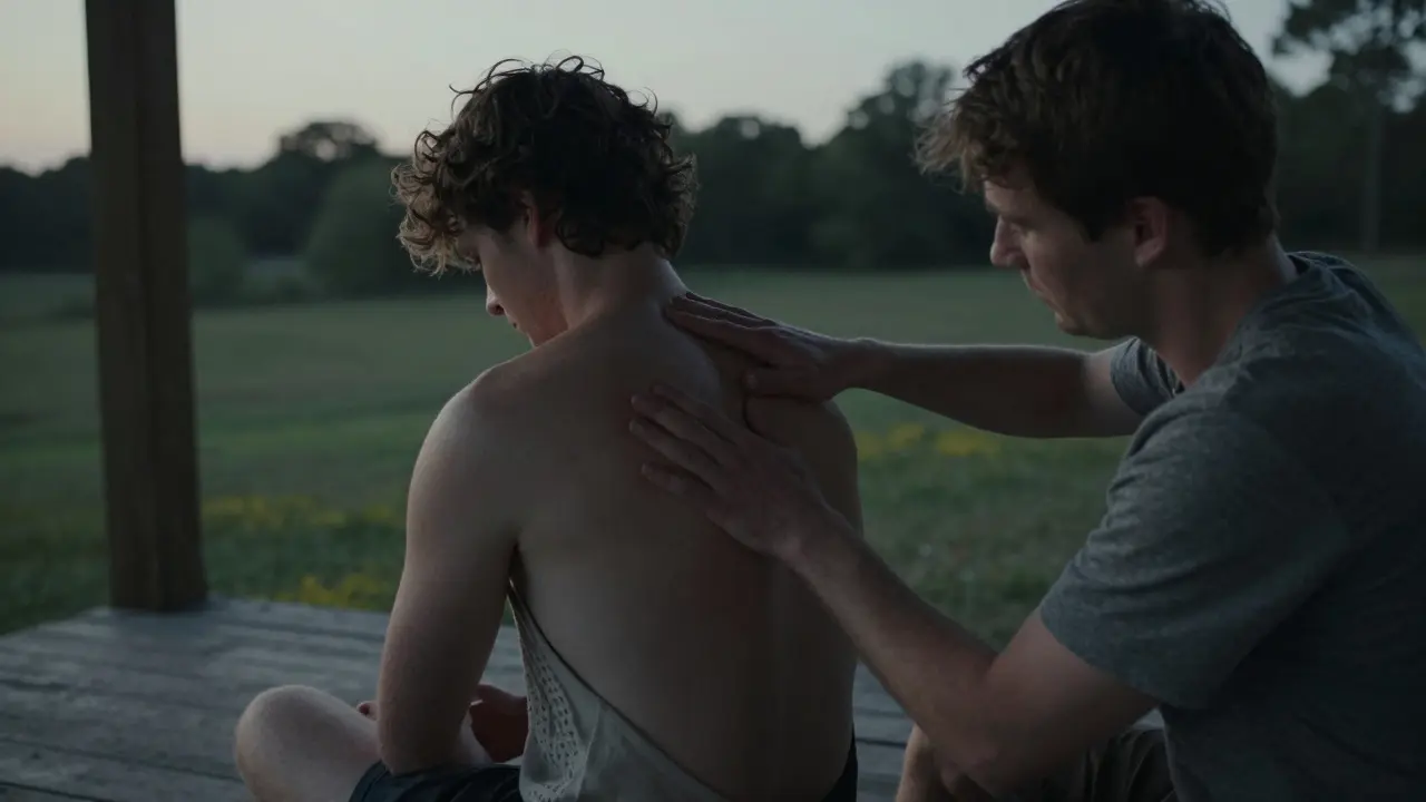Two people on a porch, one giving a calm back massage to the other at dusk.
