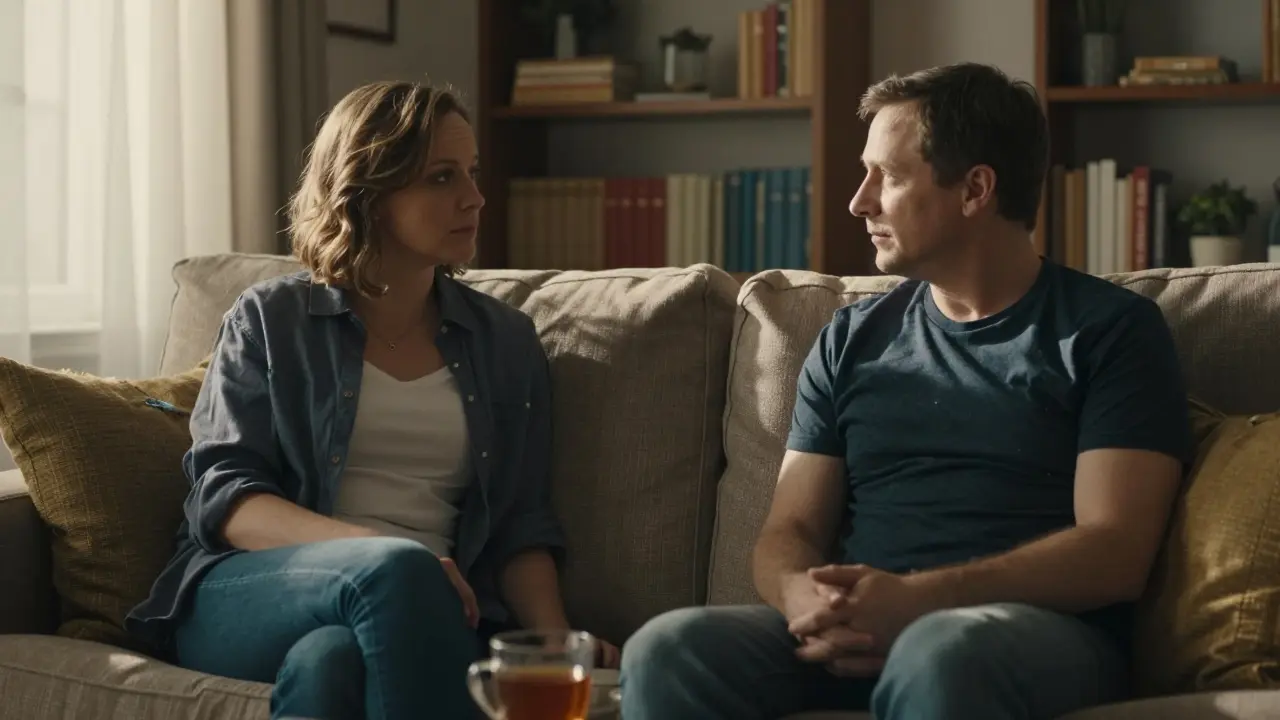 Two people talking calmly on a sofa, showing thoughtful communication before intimacy.