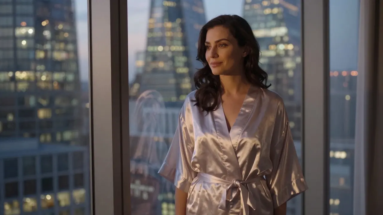 Woman in silk robe by a window with London city lights behind her, calm and dignified.