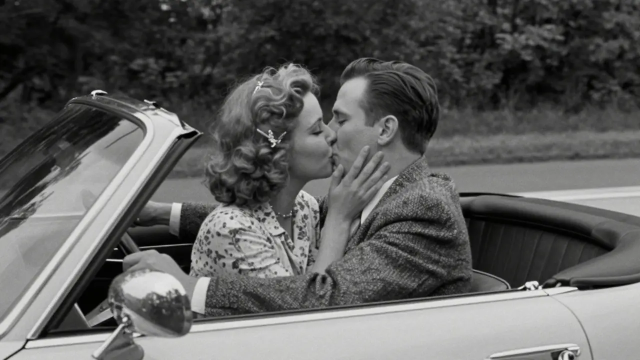 A 1960s couple kissing in a vintage car, captured in black-and-white film style.