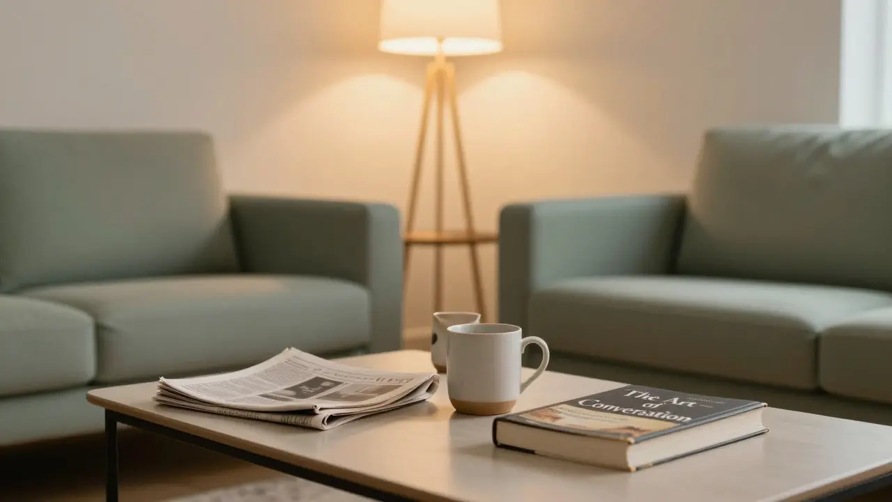 A clean apartment interior with two mugs and a book on a coffee table.