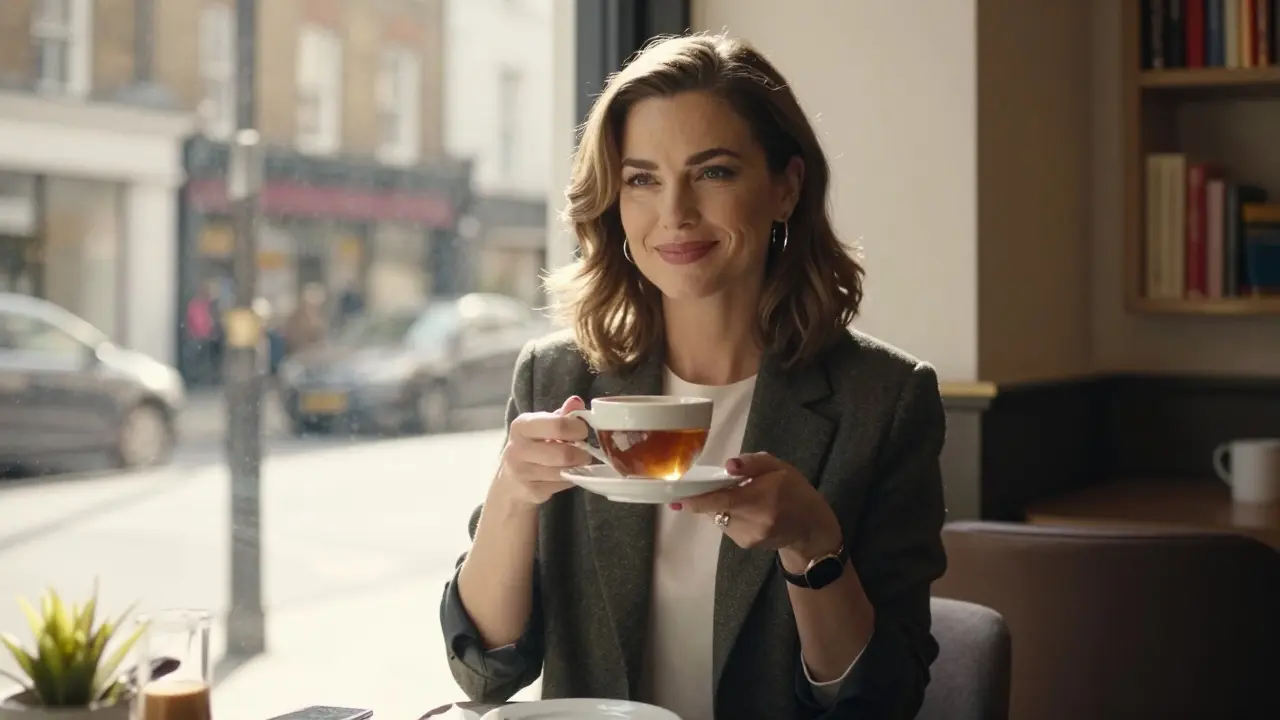 A confident woman smiling softly at a London café, dressed elegantly and naturally.