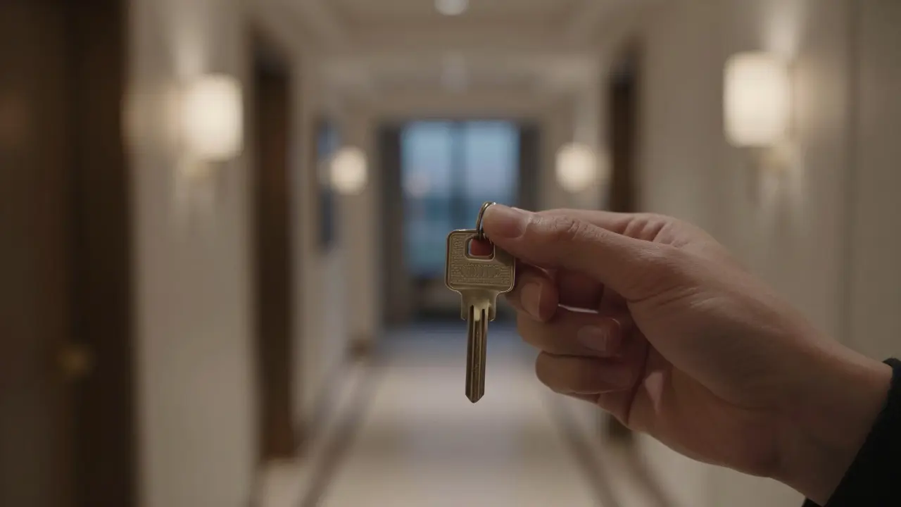 A hand holding a hotel room key with a blurred cityscape in the background at dusk.