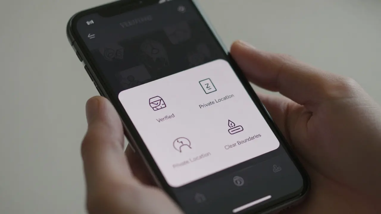 A hand holding a phone showing a discreet booking app with privacy-focused icons.