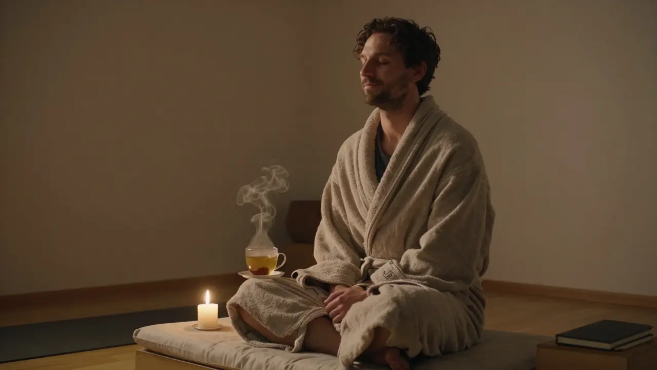 A man sitting peacefully after a session, eyes closed, wrapped in a robe, smiling softly.