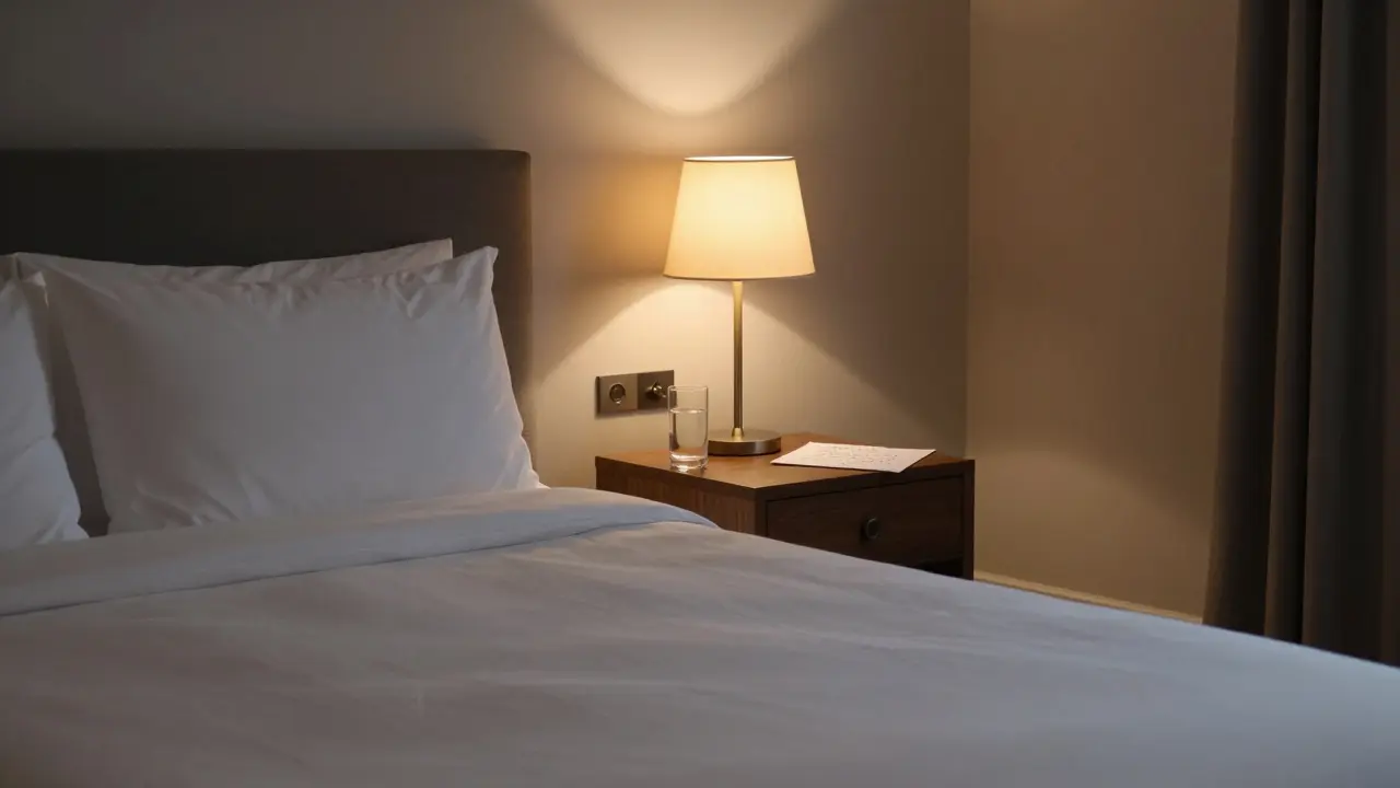 A neat hotel room with a glass of water and a folded note on the nightstand.