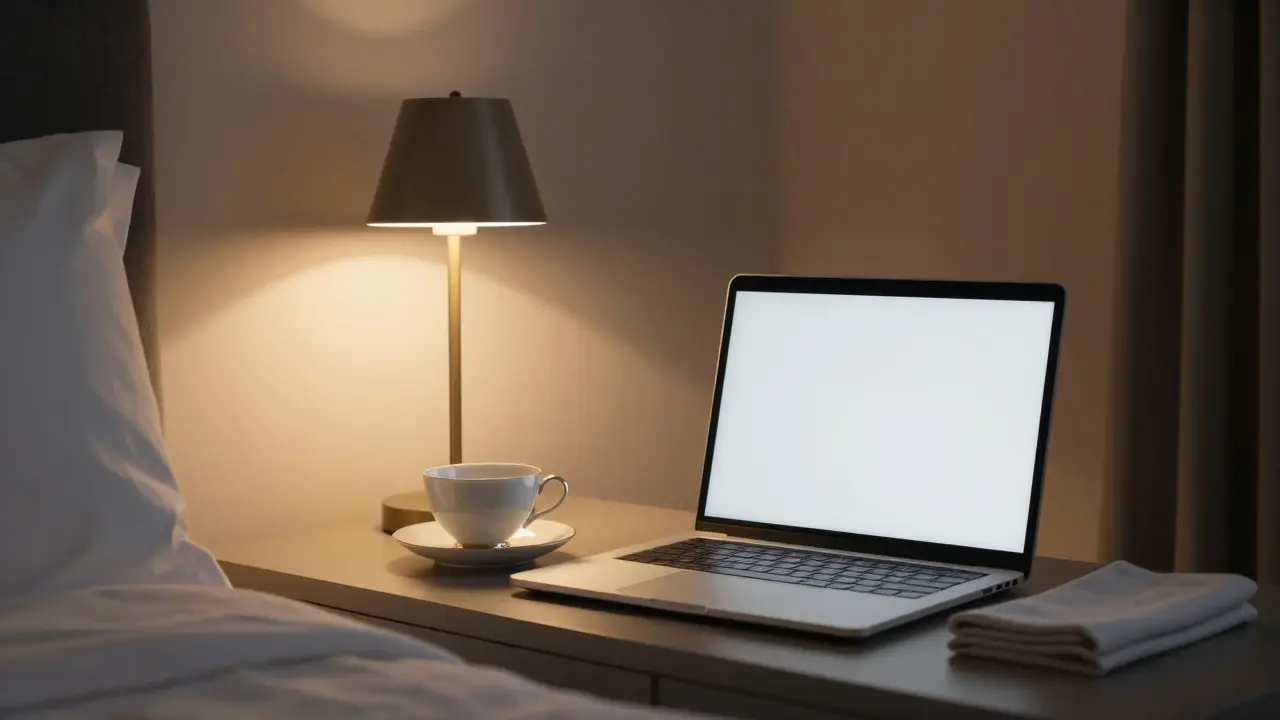 A peaceful hotel room with tea and a closed laptop, soft lighting, no people.