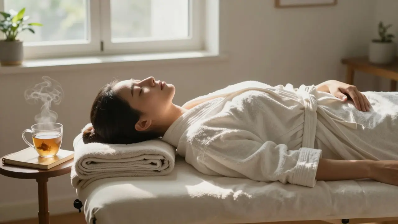 A peaceful person wrapped in a robe after a massage, sipping tea in soft morning light.