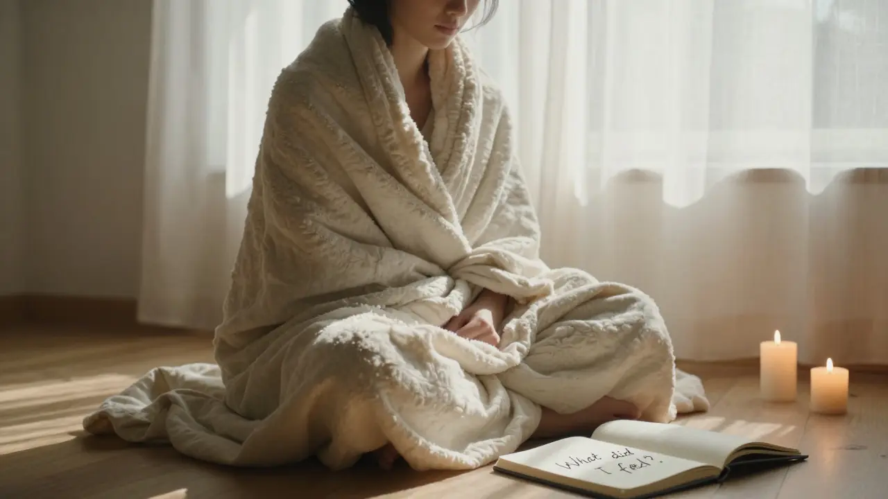 A person meditating after a session, wrapped in a blanket, journal open nearby.
