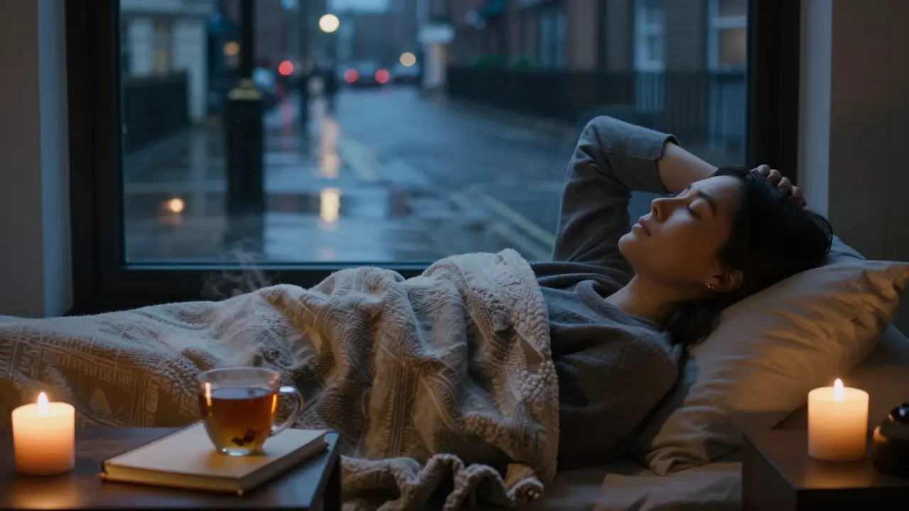 A person resting peacefully after a massage, wrapped in a blanket with tea and a candle nearby.