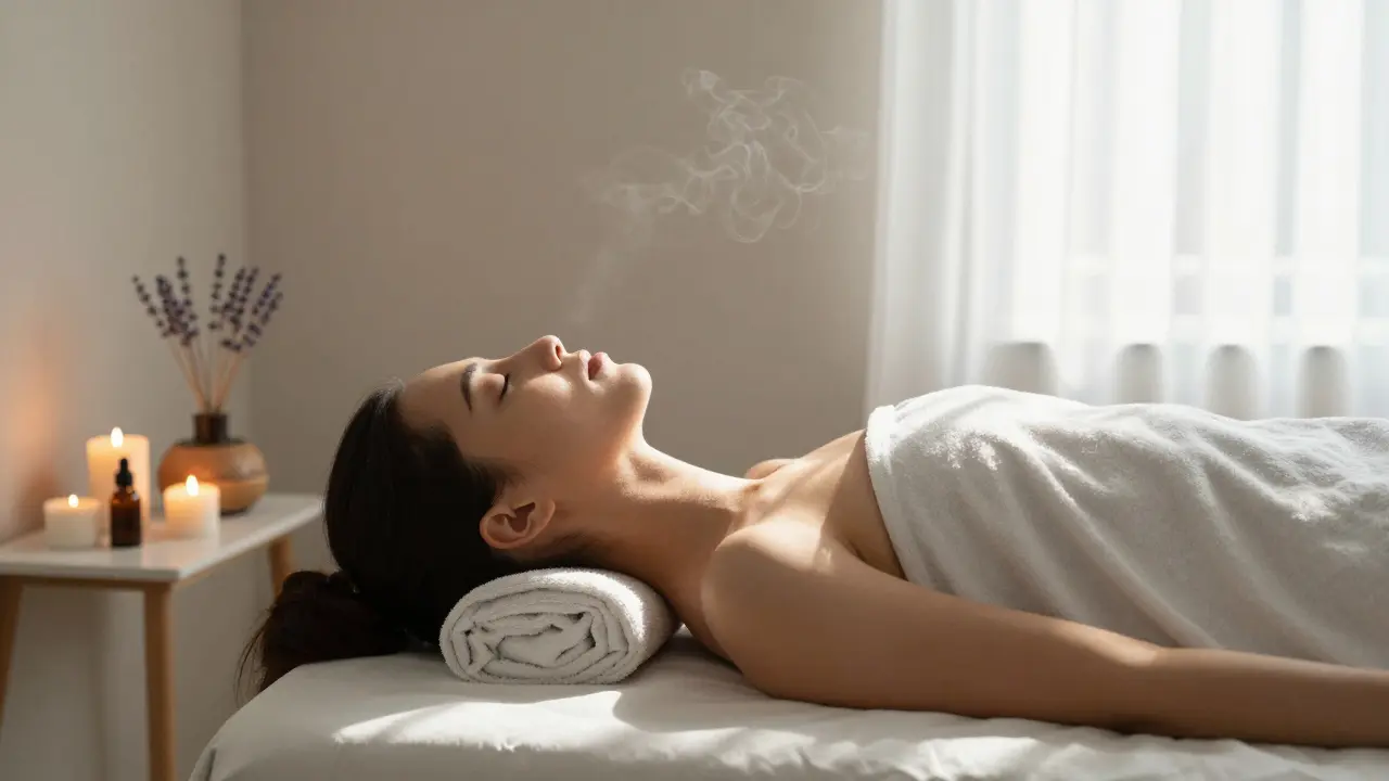 A person resting peacefully on a massage table with candles and soft sunlight.