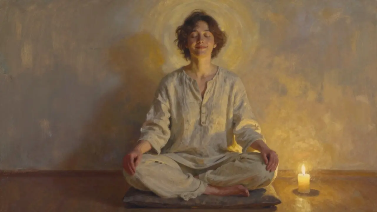 A person sitting quietly after a tantric massage, eyes closed, radiating peace.