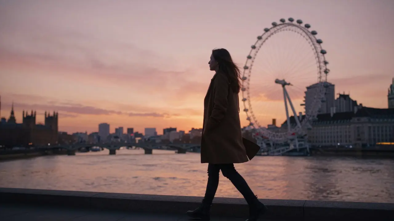 A person walking alone along the Thames River at sunset, thoughtful and solitary.