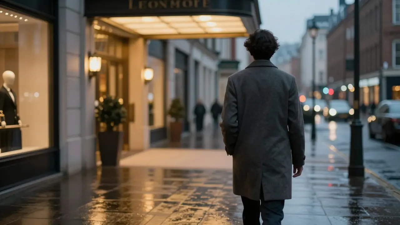 A person walking away from a boutique hotel at dusk, alone in the calm city twilight.
