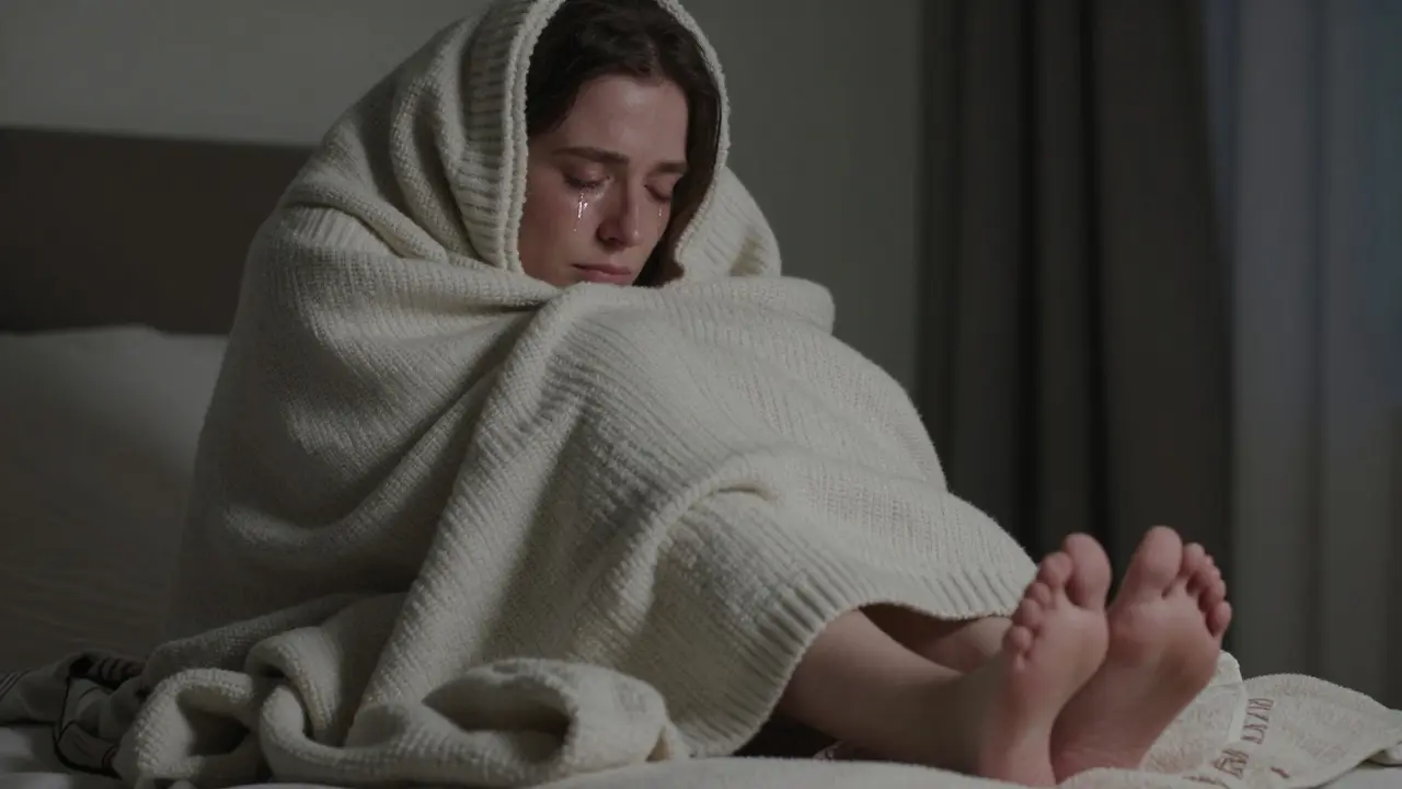 A person wrapped in a blanket after a session, tear on cheek, embodying quiet emotional release.