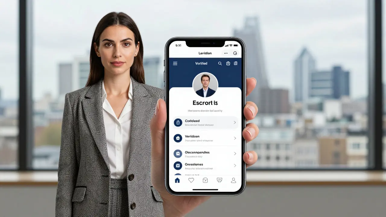 A professional woman holding a smartphone showing a verified escort platform in West London.