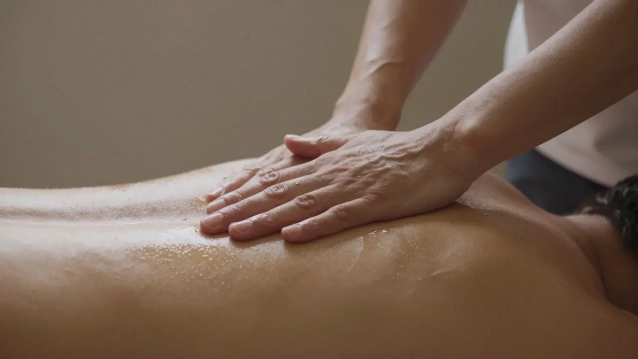 A therapist's forearm gliding gently over a client's back with oil glistening on skin.