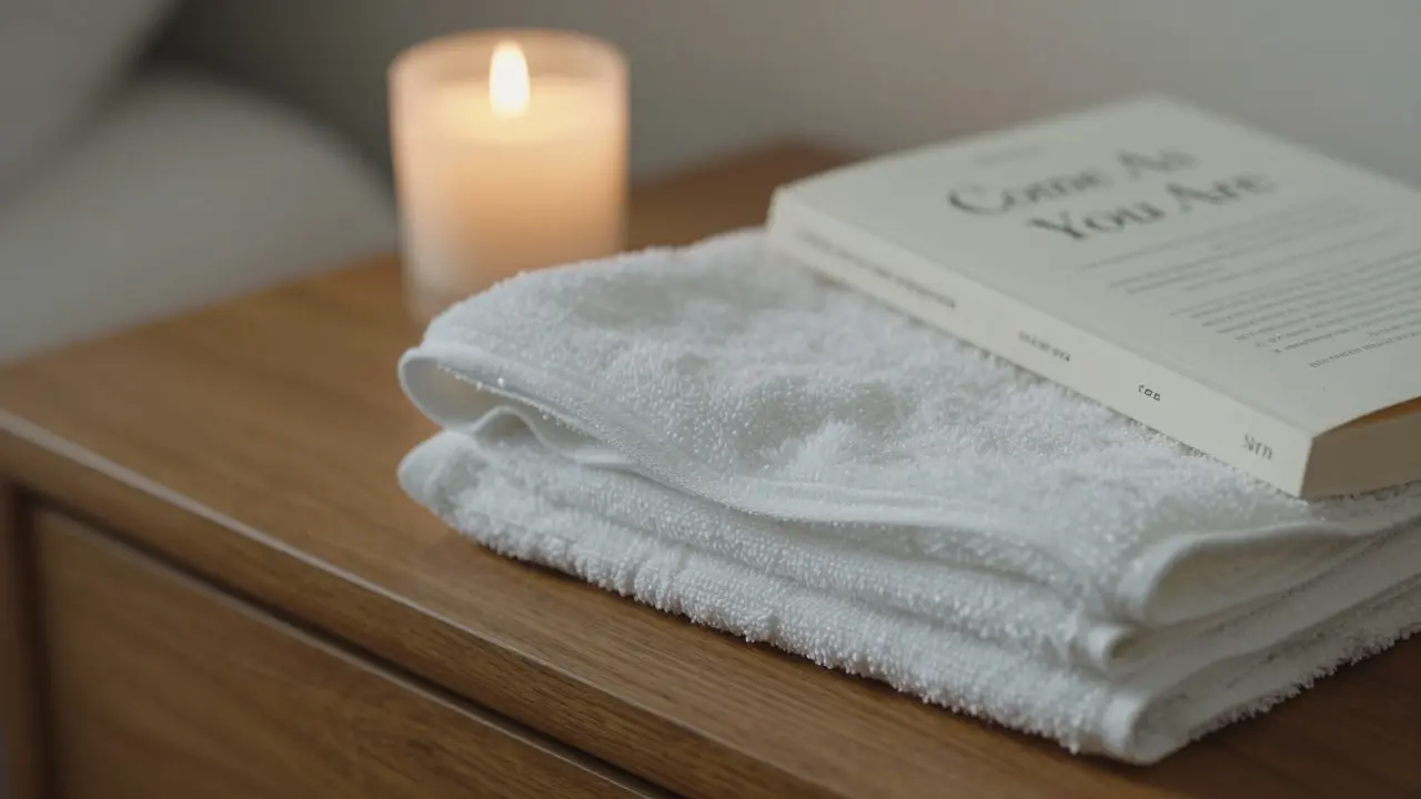 A white towel and candle beside an open book titled 'Come As You Are'.