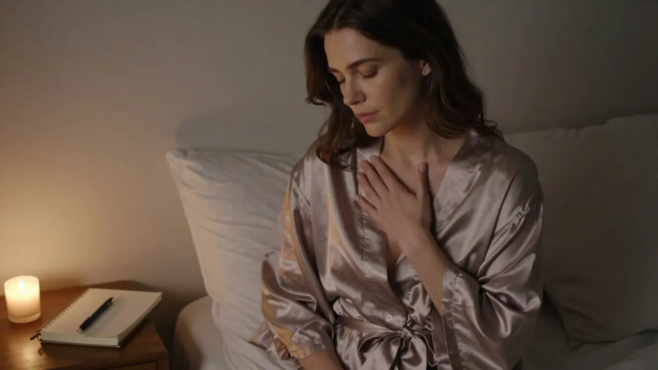 A woman gently touching her own chest in quiet solitude, candlelight, robe, journal nearby, peaceful expression.