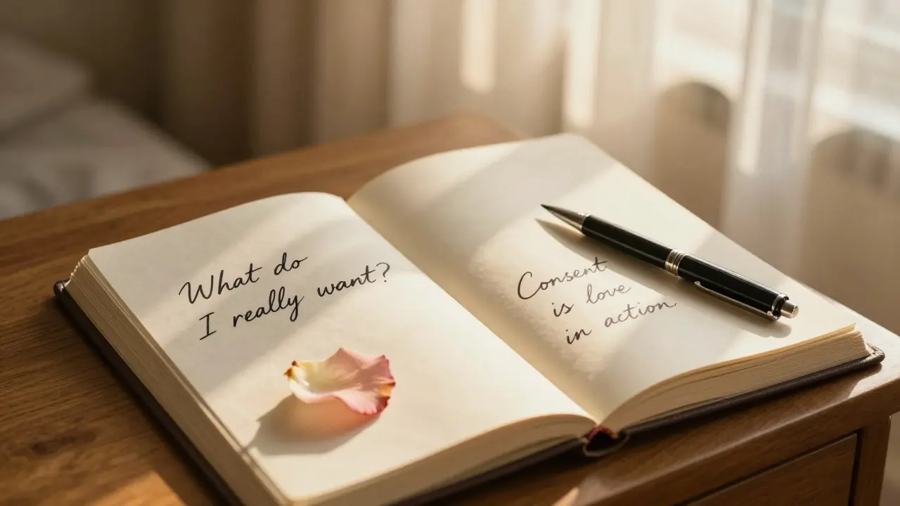 An open journal with handwritten notes on consent and desire, beside a pen and petal.