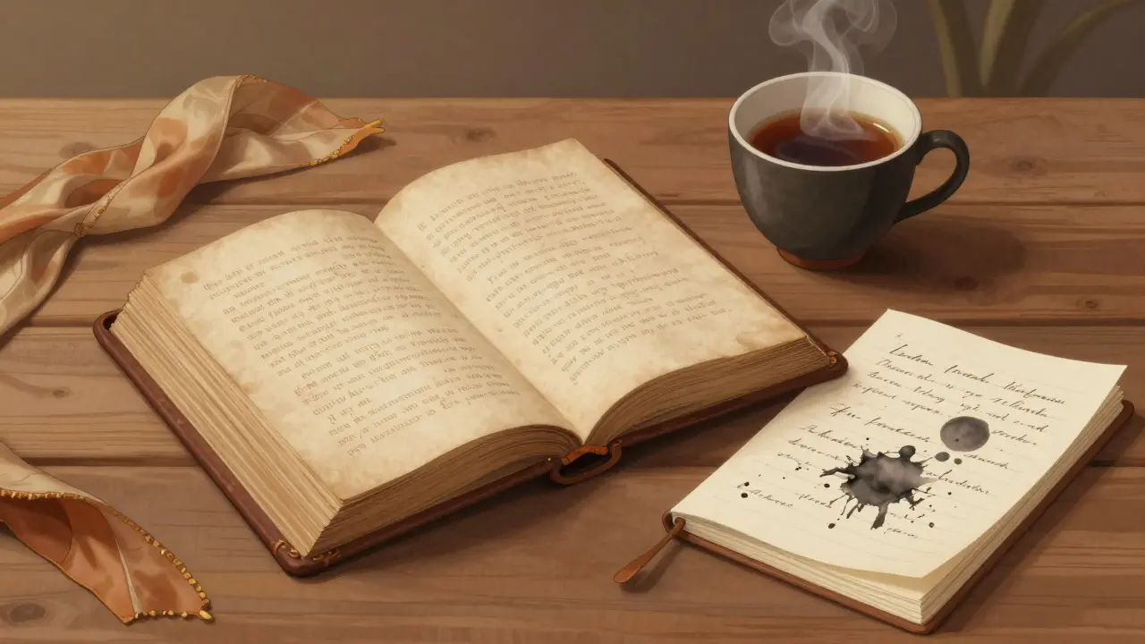 An open Kamasutra book with a teacup and journal on a wooden table.