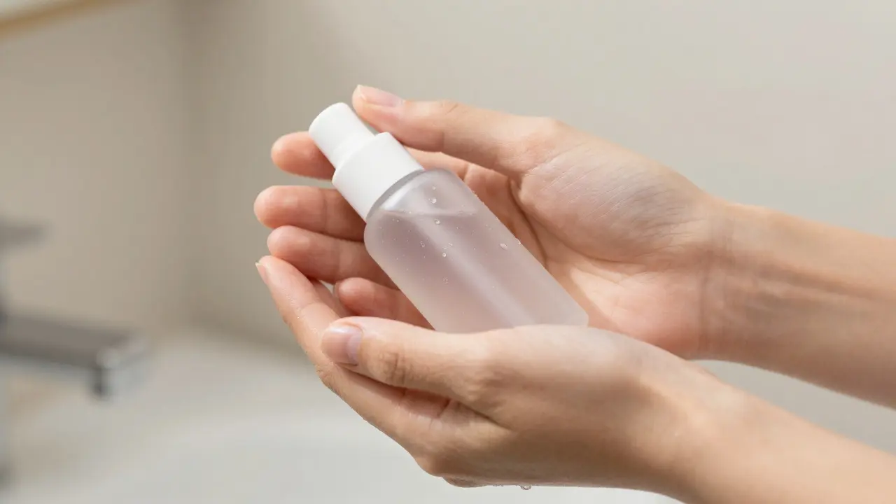 Clean hands holding a bottle of water-based lubricant with droplets glistening.