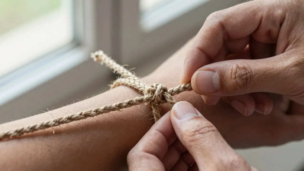 Close-up of hands tying jute rope in a figure-eight pattern with natural light highlighting the fibers.