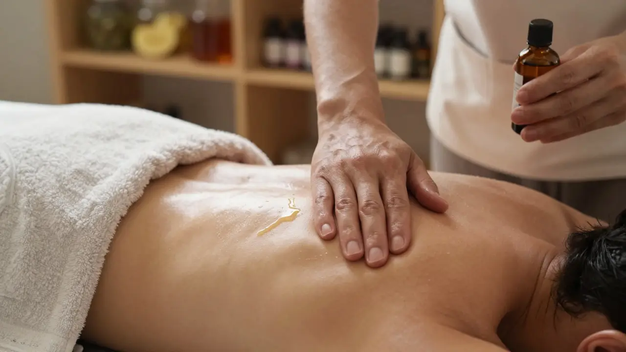 Close-up of warm oil being applied to skin with a therapist's forearm in gentle motion.