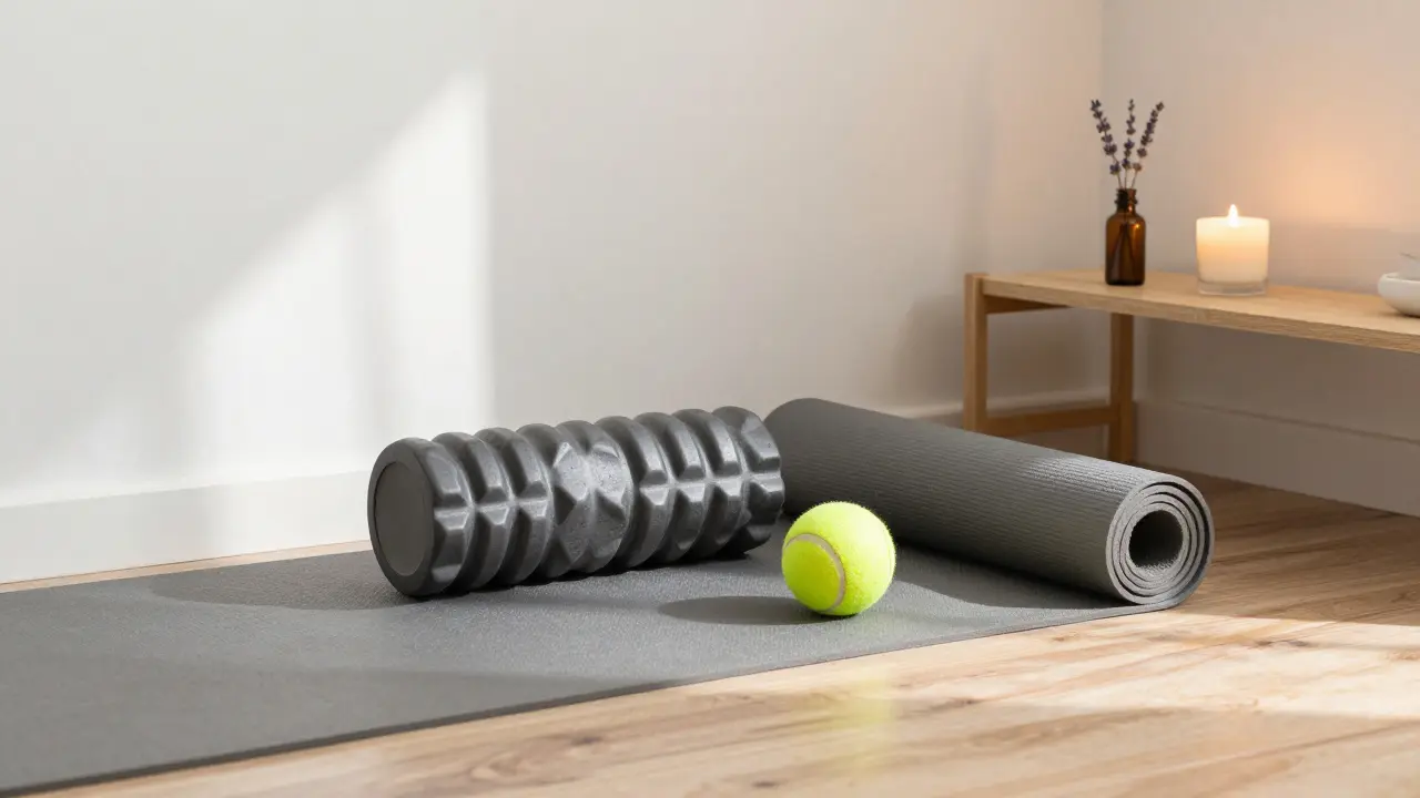 Foam roller and tennis ball on a wooden floor next to a yoga mat, symbolizing simple self-massage at home.