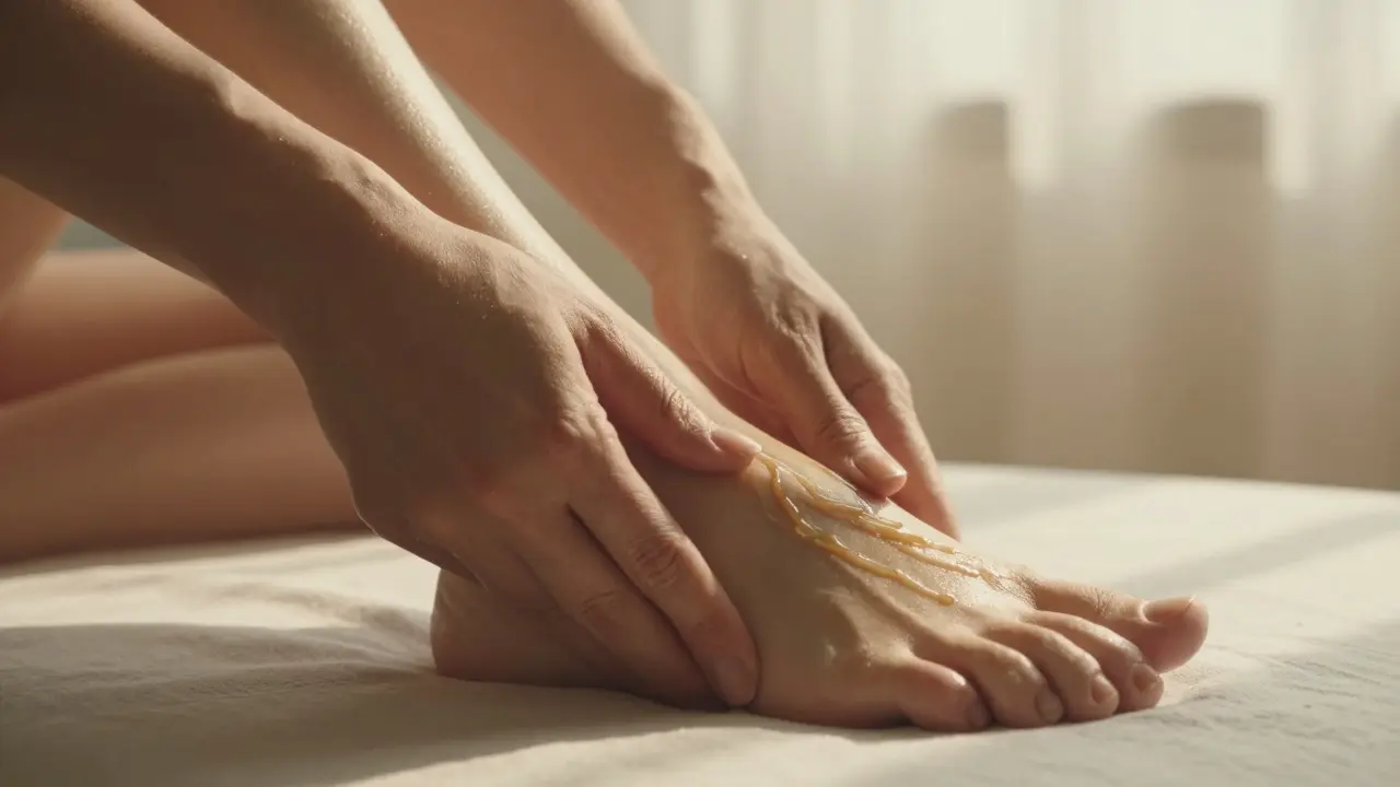 Gentle hands massaging a foot with warm oil in soft daylight.