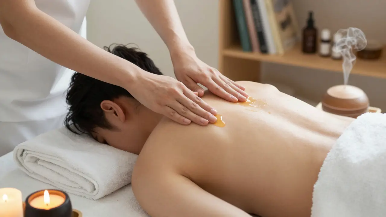 Hands applying oil to a back with a towel draped, surrounded by candlelight and diffuser steam.